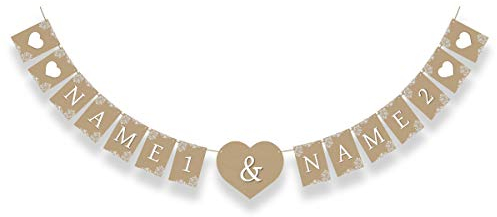Personalisierte Hochzeit Wimpelkette Girlande Banner Deko Hochzeitsdekoration - Rustikal Kraftpapier Look - 300g/qm Kartonpapier inkl. 5 Meter Hanfschnur