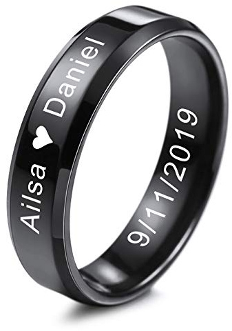 MeMeDIY Herren Trauringe Für Frauen Jungen Mädchen Wasserdicht Edelstahl Versprechen Ring, Bündeln mit Ringgröße Einsteller - Personalisiert Gravur (Schwarz Farben, 6.0mm Breiten, 65 Größe)