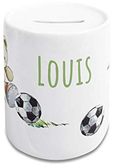 GRAZDesign Spardose Kinder Jungen mit Name | Fußball mit Bären | aus Keramik