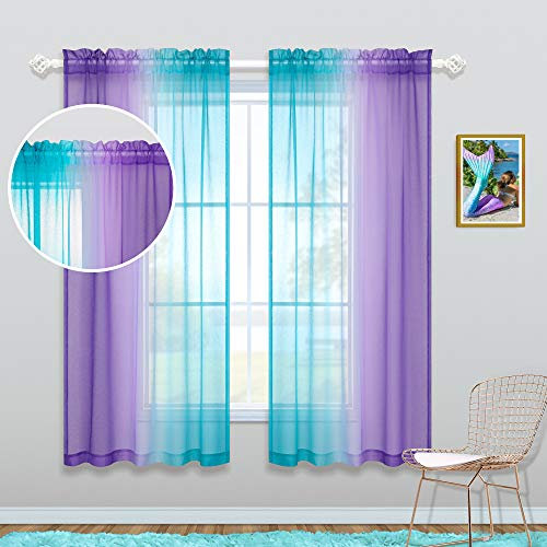 Ombre Design 2 blaugrüne Vorhänge 160 cm Länge für Mädchenzimmer, Deko-Set mit 2 Paneelen, Taschenfenster, durchsichtige niedliche Prinzessinnen-Vorhänge für Kinderzimmer, Weihnachten, lila türkis