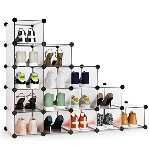 HOMIDEC Shoe Rack, DIY Wardrobe 16 Cube Closet Organizer, Storage Bookshelves Bookcase, Interlocking Shelving Unit, Home Solutions Unit for Clothes Books Toys-Transparent