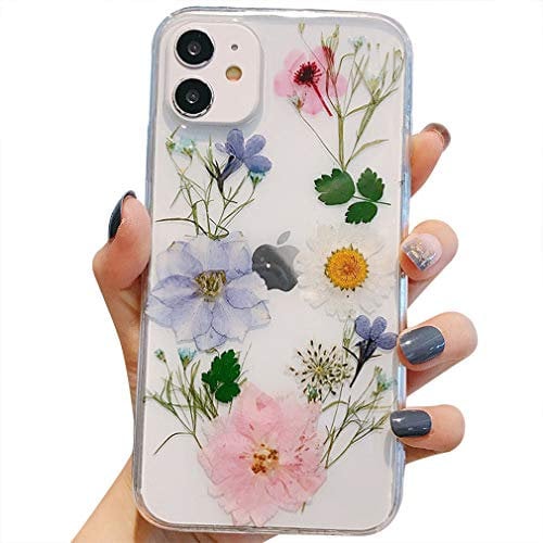 Tybiky iPhone SE 2020 Case iPhone 7/8 Mobile Phone Case, Soft Clear Rubber Pressed Dry Flower Case Girls Glitter Floral Dry Real Flowers Cover for iPhone SE 2020/7/8, Purple White Pink Grass