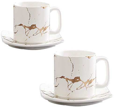 Lot de 2 tasses à café expresso américaines de luxe européennes en marbre avec bord doré et bord doré pour latte, cappuccino, thé rouge, 250 ml (110 ml, blanc)