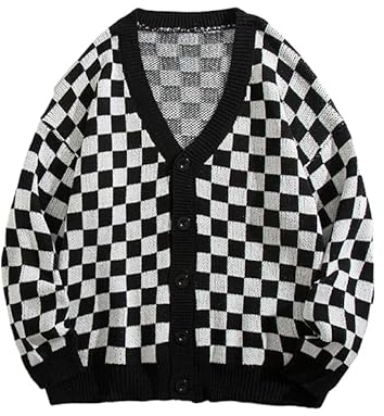 Schachbrett-Strickjacke, Damen, koreanisch, einreihig, gestrickt, locker, übergroßer Pullover, Plaid, lässig, modisch, Pullover, lange Ärmel, schwarz, Größe XL