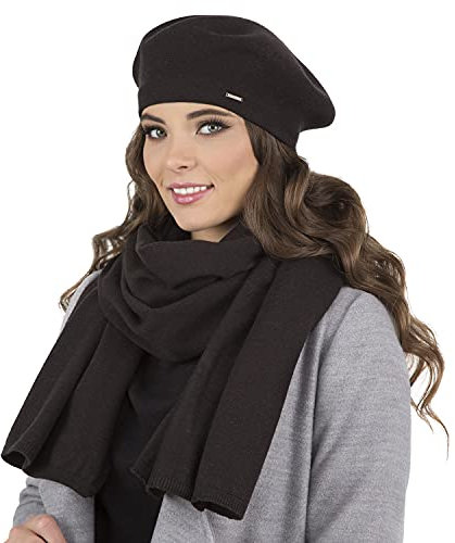 VIVISENCE Damen Baskenmütze Eleganter Wintermütze Und Schal Set Warm Kopfbedeckung Und Halsbedeckung An Winter Und Herbst Warm Dick, Winterset Für Frauen, Hergestellt In Der EU, Schwarz