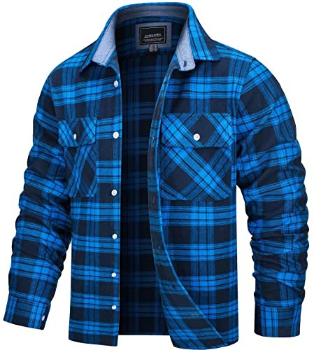 TACVASEN Check Shirts Men Flannel Regular Fit Shirt Long Sleeve Casual Shirt Jacket with Pocket Checked Button Down Shirts Blue,L