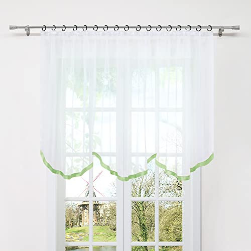 HongYa Gardine Store mit Kräuselband Transparenter Voile Bogenstore Blumenfenster Küche Vorhang mit Satinband H/B 120/300 cm Grün