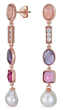 Orecchini Pendenti in Perle Barocche Leggere e Sottili con Accenti di Cristallo e Pietre Preziose Miste Boho Tri-Ton Tormalina Rosa Ametista Viola per Donne e Adolescenti Placcati Oro