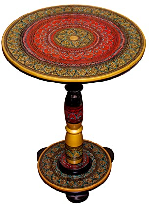 USHAZ Round Coffee Table, Multipurpose Side Table Living Room, Decorative Lacquer Small Coffee Table, Vintage Style Hallway Table - Rosewood Sofa Table, End Table (Red & Golden)