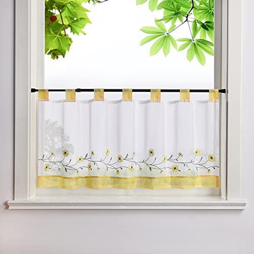 HeichkelL Bestickte Scheibengardine Voile Kurzstores mit Schlaufen Pastorale Küchengardinen Landhausstil Bistrogardine Gelb BxH 120x45 cm