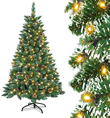 YRHome Künstlicher Weihnachtsbaum Künstlicher mit LED Beleuchtung Tannenbaum Christbaum Weihnachtsbäume 180cm Grün PVC mit Schnee-Effekt mit Kiefernzapfen lluminated mit Lichterkette inkl. Ständer
