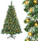 YRHome Künstlicher Weihnachtsbaum Künstlicher mit LED Beleuchtung Tannenbaum Christbaum Weihnachtsbäume 180cm Grün PVC mit Schnee-Effekt mit Kiefernzapfen lluminated mit Lichterkette inkl. Ständer
