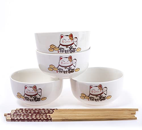 lachineuse - Juego de 4 cuencos de gato japonés - Tazones de arroz, desayuno y sopa - Con palillos - Vajilla de gato Maneki Neko - Regalo original lindo - Deco Kawaii Japón - Blanco