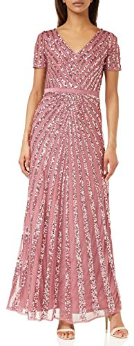 Maya Deluxe Womens Maxi Ladies Embellished Sequin Long Short Sleeve V Neck High Empire Waist Cut Shiny Prom Wedding Bridesmaid Dress, Desert Rose, 14