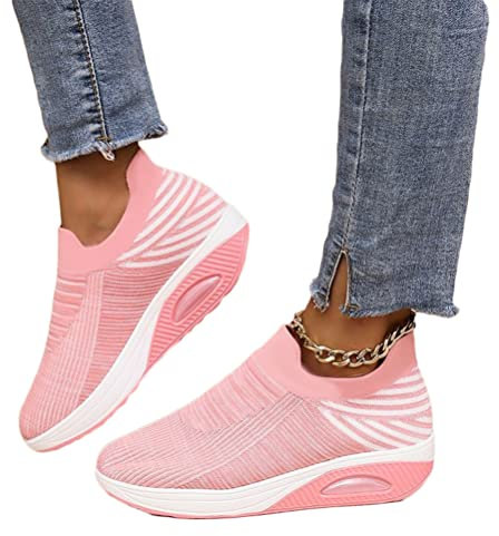 shownicer Basket Femme D'été Baskets À Enfiler en Mesh Sneaker Chaussures Orthopédiques Légères Chaussures De Course Marche À Plateforme Souple Casual Sneakers A Rose 38 EU