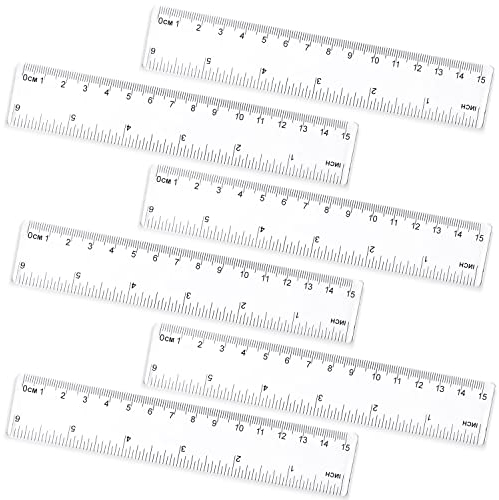 VZXQX 6 Stück Lineale Set, 15cm/6 Zoll Transparente Kunststoff Lineal mit Metrischer und Inch-Skala, Klein Lineal Gerades Klare Messwerkzeug für Kinder, Schüler, Schule, Büro und Zuhause