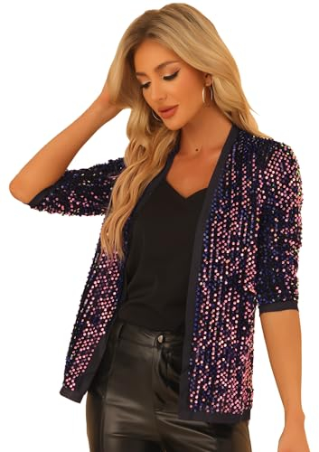 Allegra K Damen Pailettenjacke Glitzer Elegant Blazer Langarm Pailletten Party Club Offen Jacke Jacken Blau Lila XS