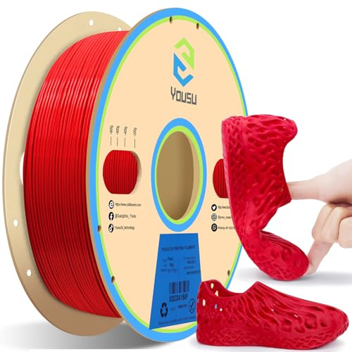 YOUSU Flexibles TPU-3D-Drucker-Filament, rotes TPU-Filament, 1,75 mm, 1 kg, Maßgenauigkeit +/- 0,03 mm, 95 A Shore-Härte und gute Schichtbindungsleistung.