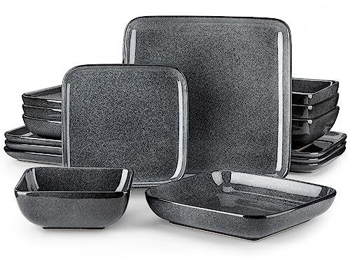 vancasso Juego de vajilla cuadrada de esmalte reactivo, juego de platos y cuencos de cerámica de 16 piezas con plato llano, plato de postre, cuenco y plato sopero. Aspecto gris vintage, servicio para