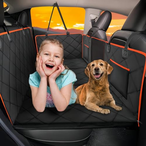 ROUWINNE Hundedecke Auto Rückbank – Großer Raum, Hunde Autositz Rückbank,Harte Bodenstütze bis 181 kg, Wasserdicht Hundebett Auto Rückbank, Kratzfest Hundebett für Autos Schwarz und Orange