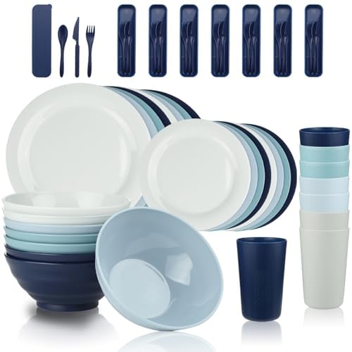 BEWOS 40 Packs Unbreakable Dinnerware Sets for 8, Reusable Tough Kids Plates and Bowls Sets, Plates Cups and Bowls with Cutlery Set for Camping Party, Dishwasher and Microwave Safe