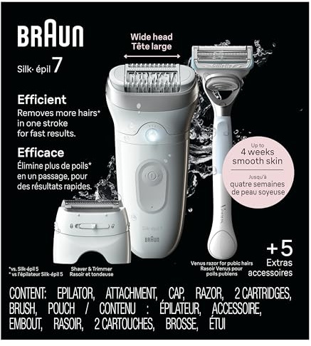 Braun Silk-épil 7 Epilator, Wet and Dry, Wide Head, Includes Venus Intimate Razor, Shaver Head and Trimmer Comb, SE7-141