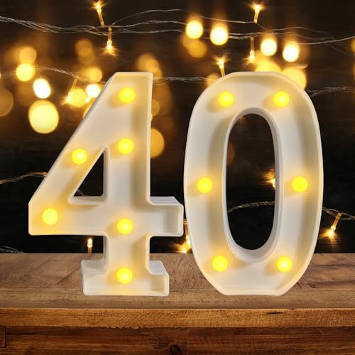 ZUOKEMY 40th Birthday LED Light Up Sign - Party Decoration Night Lit Anniversary Background Home Decor (Number 40, White)