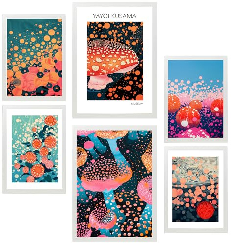 Nacnic 6er-Set Yayoi Kusama Pilz Wasserblume Japanise Gerahmtes Poster mit Design-Illustrationen zur Dekoration der Wände Ihres Zuhause im A3 A4 Weißer Rahmen