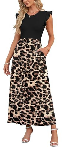 AUSELILY Womens Maxi Dress Ladies' Summer Casual Short Sleeve Long Dresses with Pocket for Daily, Holiday,Maternity Black Leopard,XL