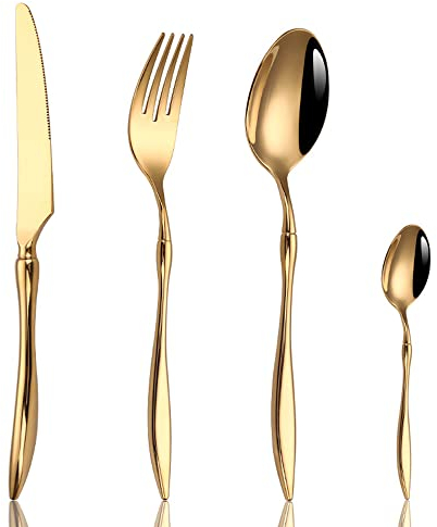 Juego de cubiertos dorados para 12, 48 piezas de acero inoxidable 18/10, juego de cubiertos, cucharas y tenedores en juego de utensilios para el hogar y la cocina, apto para lavavajillas (oro 48 piez