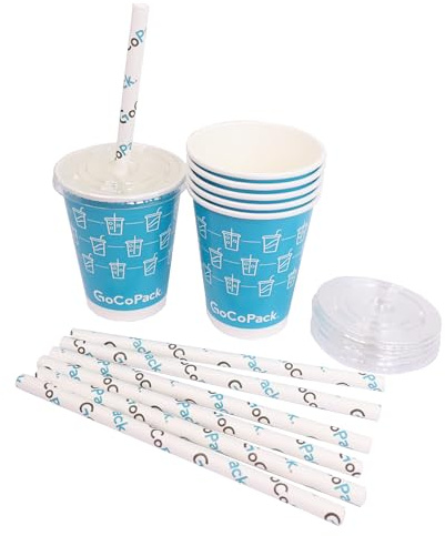 GoCoPack Paper Smoothie Cups Set: Box of 600-10oz (284ml) Paper Smoothie Cups with Lids and Straws - Ideal for Smoothies, Milkshakes, and Cold Drinks