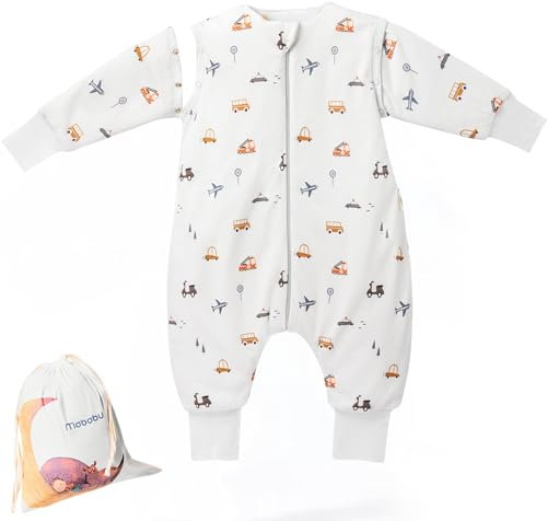 Mababu Ganzjahres Baby Schlafsack mit Füßen & abnehmbaren Ärmeln - 1.5 TOG - 100% GOTS Bio-Baumwolle - Ganzjähriger Kinderschlafsack mit Füßen- umklappbare Bündchen (Car Dream, 90cm)