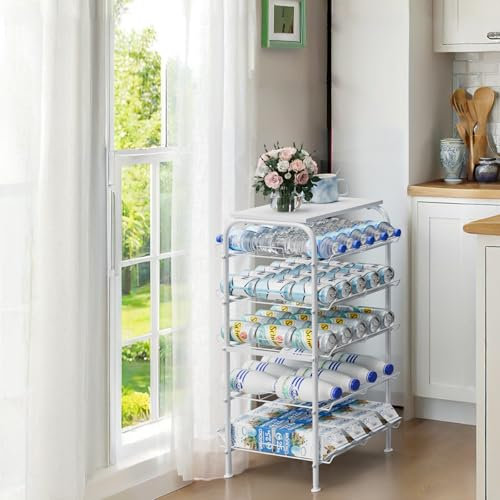 Vrisa 5 Tier Water Bottle Storage Rack Vertical Freestanding Bottled Water Organizer Large Capacity Beverage Drink Soda Can Holder Stand for Kitchen Pantry Home Party Food Storage, White