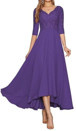 Damen Lange Mutter der Braut Kleid Spitze A Linie Brautjungfernkleider V-Ausschnitt Chiffon formell Partykleid