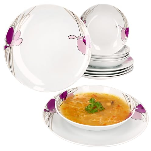 MamboCat Viola 12tlg Tafelservice I Porzellan-Geschirr mit Blumen-Dekor für 6 Personen I 6x Suppenteller & 6x Speiseteller für Frühstück, Mittag & Abendbrot