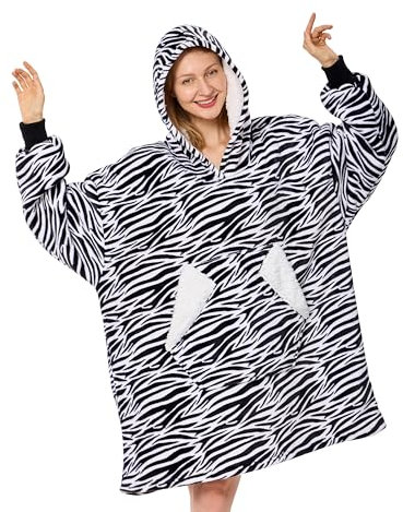 Ramees Wearable Blanket Hoodie, Oversized Sherpa Fleece Sweatshirt Blanket with Sleeves and Pockets (Zebra)