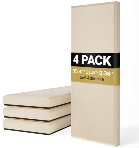 TONOR 4 Stück große Fiberglas Akustikpaneele selbstklebend, 90 x 30 x 5.2 cm Schalldämmung Wandpolster selbstklebend, Dekorative Echoabsorbierende Wandplatte, für Studio, Wohnzimmer, Haus, Büro, Beige