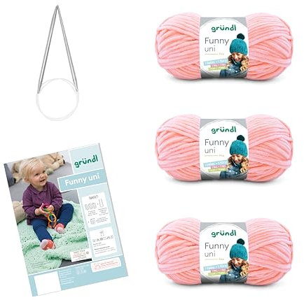 Gründl Wolle Funny uni - weiche Chenille Wolle mit Nadel und Anleitung für eine Babydecke - Kuschelig und hautfreundlich - 100% Polyester - 3 Knäuel 100 g / 120 m - Nadelstärke 5-6, zuckerwatte