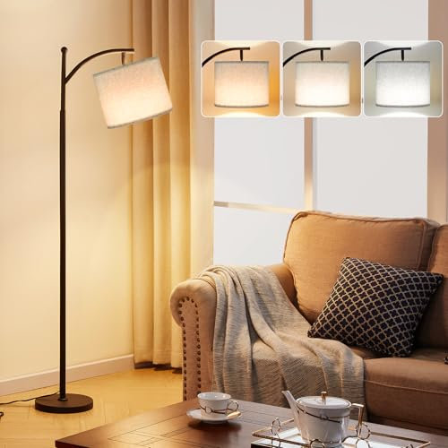 PreeOtti Stehlampe Wohnzimmer, Moderne Stehleuchte mit 3 Farbtemperaturen, LED Standleuchte Hoch mit Verstellbarem Leinenschirm, Stehlampe Vintage für Wohnzimmer Schlafzimmer Büro (Birne Enthalten)