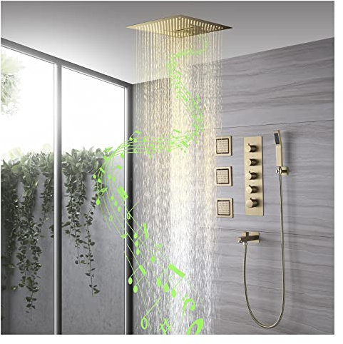 Sistema de ducha musical Juego de grifo de ducha termostático LED 64 colores Cabezal de ducha de lluvia Juego combinado de ducha de lluvia oculta de 5 vías con 2 modos Ducha de lluvia, Handh, Set de