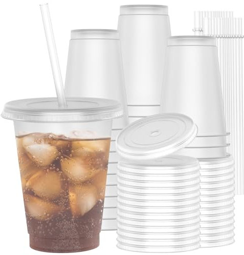 OZMOJOO Bicchieri in plastica da 473 ml (16 fiocchi) con coperchio e cannuccia (30 pezzi), stabili e di qualità alimentare, riutilizzabili per caffè freddo, frappè, frullati, trasparenti