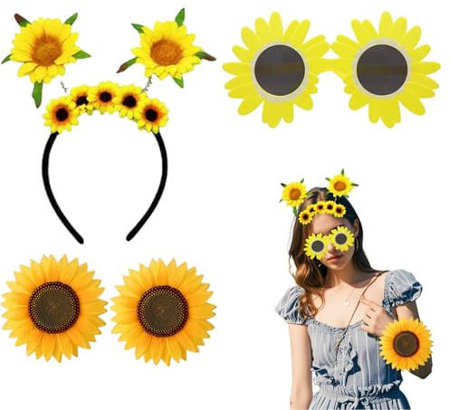 PMELCXD Ensemble de Tenues de fête Sunflower - Parure de déguisement féminin avec Accessoires de tête de Tournesol, Lunettes de Soleil et Bracelets, pour fêtes thématiques et carnavals