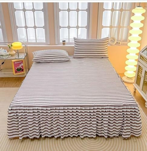 Jupe de Lit Cache Sommier 120x200 Bonnet Café, Drap Housse 1 Personne Polyester Motif Rayé Imprimé avec Elastique