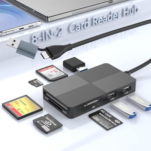 8 in 2 Multi Memory Card Reader, USB C USB3.0 Multi Card Reader Hub for SD TF CF XD MS Micro SD Card, SD Card Reader USB Hub 3.0 for Windows/Mac/Linux/Android for USB Stick SDXC SDHC CFI MS MMC UHS-I