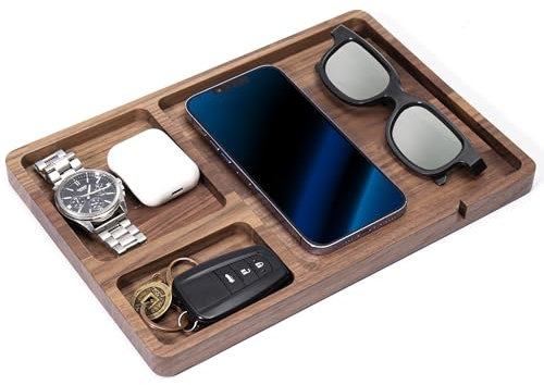Walnut Wooden Valet Tray - Nightstand Valet Tray, Desk Organizer Gift for Men & Women, Elegant Sleek Catchall Tray for Dresser Bedside Organizer EDC Tray