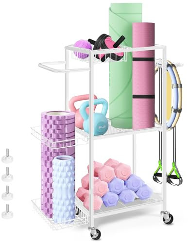 smusei Sportgeräte Ständer, 3 Stufige Yoga Matte Aufbewahrung Metall Hantelständer mit Rollen & 8 Haken, Zuhause Fitnessgeräte Wagen für Yoga Block, kugelhantel, Kettlebells usw, Weiß