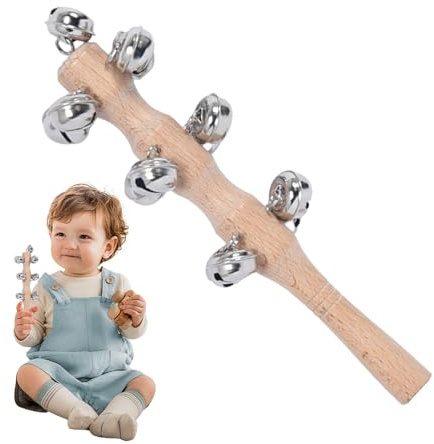 Portable Bells with Sledges - Wooden Hand Jingle Bells | Beech Handle on Red Wood Rings | Sounds Jingle Shaker Rings | Musical Rhythm Wrist Band | Stick Hand Shaker