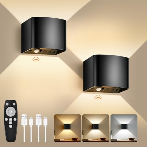 GeyouLux 6000mAh Akku Wandleuchte Innen mit Bewegungsmelder & Fernbedienung | Wandlampe Einstellbar Abstrahlwinkel, 3 Modi 2700K-6500K Dimmbar Timer LED Aufladbare Wandleuchte für Treppe Flur 2 Stück
