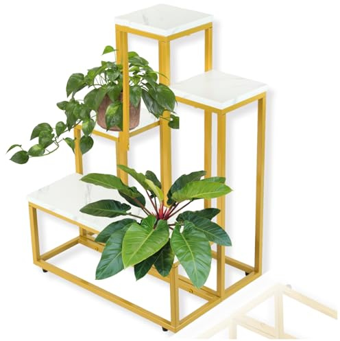 ZOLTA Blumenständer Loft-Stil 4 Ebenen, 6 Pflanzplätze, Metallgestell Gold + weiße Ablagen, stabiler mehrstöckiger Pflanzregal Indoor Pflanzenständer für Wohnzimmer, Büro, Wintergarten