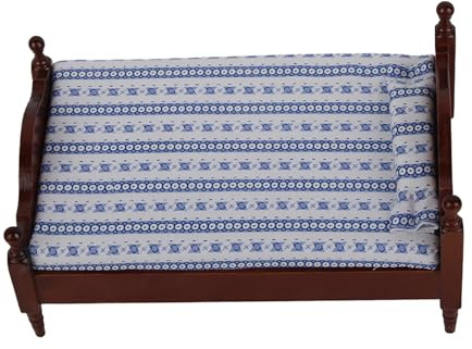 Yctze 1:12 Scale Realistic Redwood Dollhouse Bed Model with Striped Mattress - Miniature Wooden Furniture for 1/12 Scale Dollhouses (Mahogany)